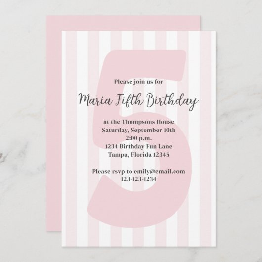 キュートピンクガールフィフス誕生日お洒落誕生日 招待状 (正面/裏面)