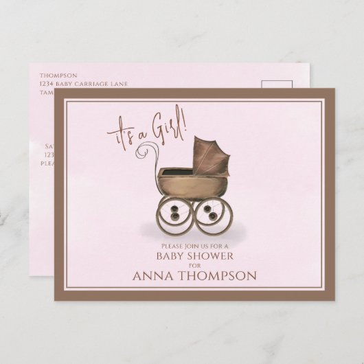 キュートピンクガールヴィンテージベビーキャリッジクラシック インビテーションポストカード (正面/裏面)
