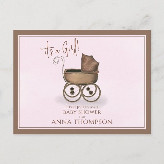 キュートピンクガールヴィンテージベビーキャリッジクラシック インビテーションポストカード (正面)