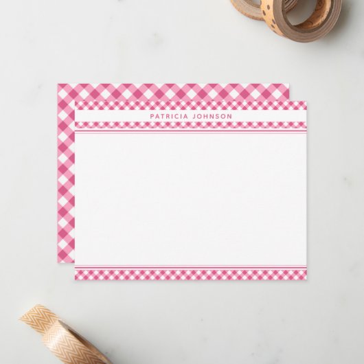 キュートピンクギンガムプレイパーソナライズされたド ノートカード (正面/裏面インサイチュ)