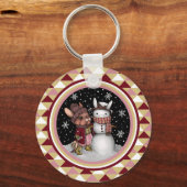 キュートピンククリスマススノーバニーラビットイラストレーション キーホルダー (正面)