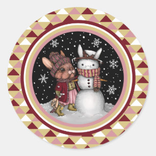 キュートピンククリスマススノーバニーラビットイラストレーション ラウンドシール