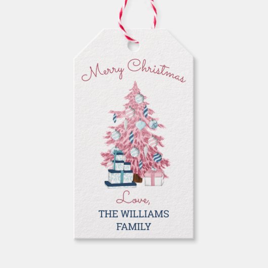 キュートピンククリスマスツリーレトロホリデー ギフトタグ (正面)