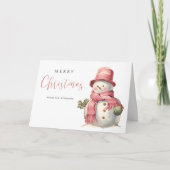 キュートピンククリスマス雪だるまモダンホリデー カード (正面)