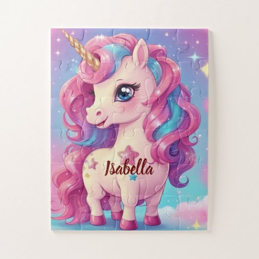 キュートピンクグリッターパーソナライズされたユニコーン ジグソーパズル (縦)