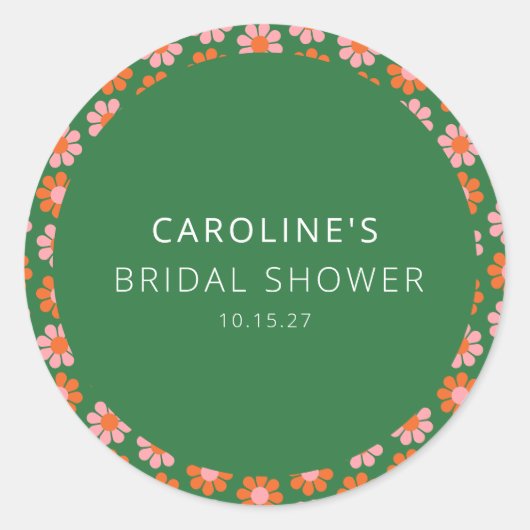 キュートピンクグリーンレトロフラワーズブライダルシャワーカスタム ラウンドシール (正面)