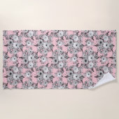 キュートピンクグレー白フローラ水色絵を描 ビーチタオル (正面)