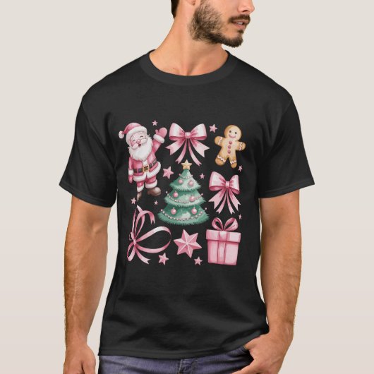 キュートピンクコケットボウサンタクリスマスツリークリスマス Tシャツ (正面)