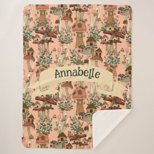 キュートピンクコテージコアフローラマッシュルームハウスプリント シェルパブランケット (正面)