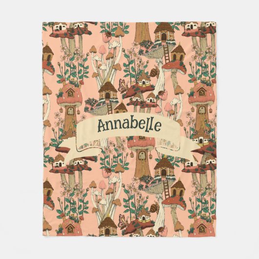 キュートピンクコテージコアフローラマッシュルームハウスプリント フリースブランケット (正面)