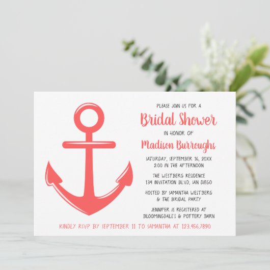 キュートピンクコーラルボートいかり航海のブライダルシャワー 招待状 (スタンド正面)