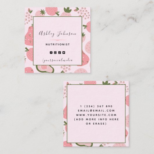 キュートピンクサマーフルーツベリーパターン栄養士 スクエア名刺 (正面/裏面)