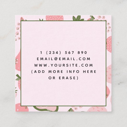 キュートピンクサマーフルーツベリーパターン栄養士 スクエア名刺 (裏面)