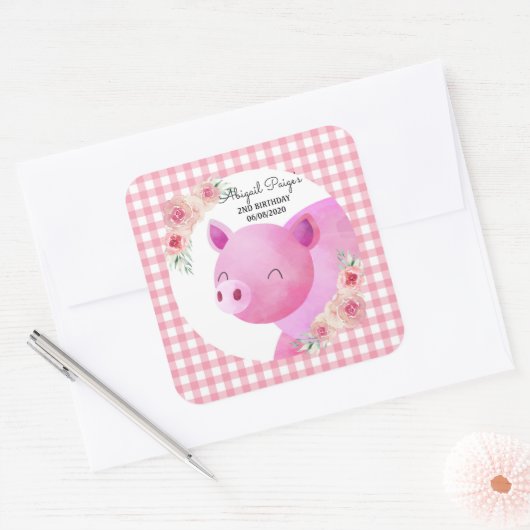 キュートピンクジンガムピグフローラ誕生日 スクエアシール (封筒)