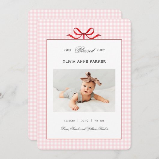 キュートピンクジンガムベビーガールホリデイ誕生 案内状 (正面/裏面)