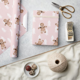 キュートピンクジンジャーブレッドマンクリスマスツリーホリデー ラッピングペーパー