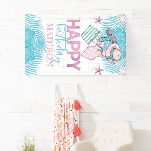 キュートピンクターコイズサマープール誕生日 横断幕 (インサイチュ)