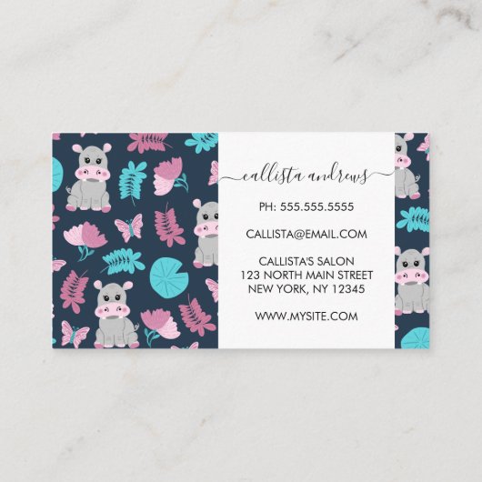 キュートピンクティール(緑がかった色)ヒッポフローラバタフライリリパッド 名刺 (裏面)