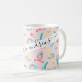 キュートピンクティール(緑がかった色)ユニコーンレインボーフローラスター コーヒーマグカップ (正面右)