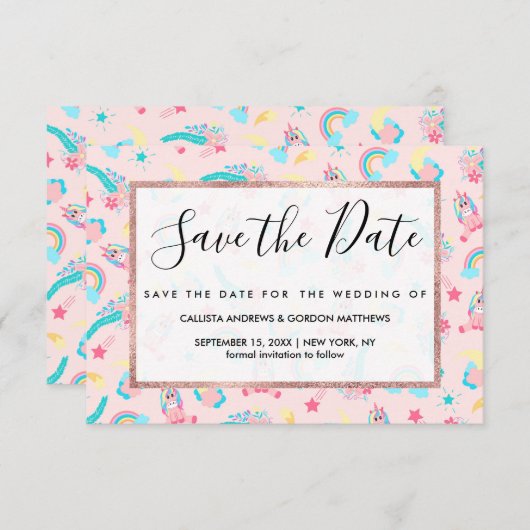 キュートピンクティール（緑がかった色）ユニコーンレインボーフローラスター セーブザデート (正面/裏面)