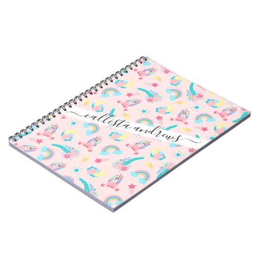 キュートピンクティール(緑がかった色)ユニコーンレインボーフローラスター ノートブック (左側)