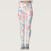 キュートピンクティール(緑がかった色)ユニコーンレインボーフローラスター レギンス (正面)