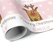 キュートピンクディアースケッチスノーフレーク女の子クリスマス ラッピングペーパー (ロールコーナー)