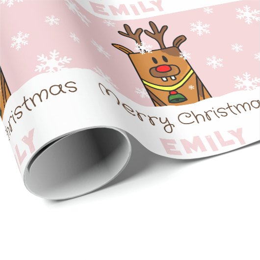 キュートピンクディアースケッチスノーフレーク女の子クリスマス ラッピングペーパー (ロールコーナー)