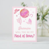 キュートピンクディスコ女性のカーボーイロデオベミーメイド・オブ・オーナー（花嫁付き添い人） エンクロージャーカード (スタンド正面)