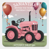 キュートピンクトラクター誕生日カード スクエアシール (正面)