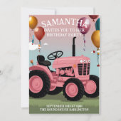 キュートピンクトラクター誕生日カード 招待状 (正面)