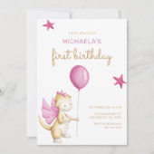 キュートピンクドラゴンガールファースト誕生日 招待状 (正面)