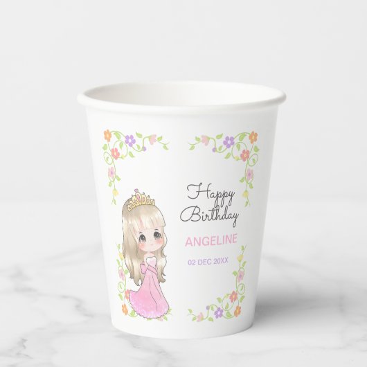 キュートピンクドレスプリンセスフローラ誕生日 紙コップ (正面)