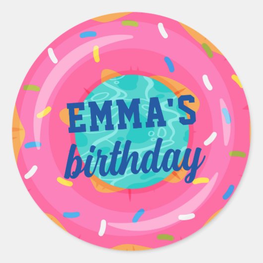 キュートピンクドーナツ内管プールパーティー誕生日 ラウンドシール (正面)