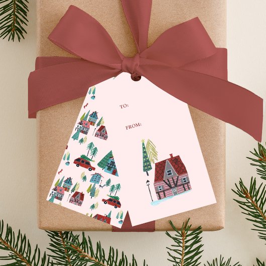 キュートピンクノルディックスキーヴィレッジクリスマスパーティー ギフトタグ