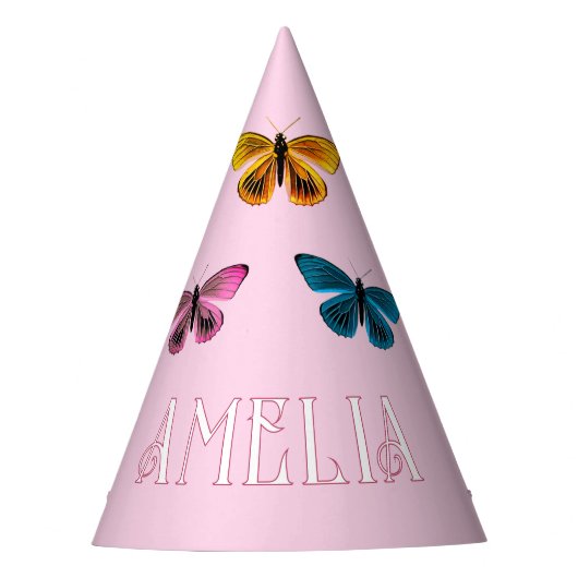 キュートピンクバタフライガールネーム誕生日 パーティーハット (正面)