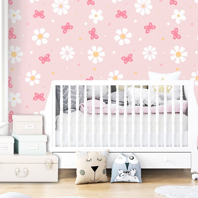 キュートピンクバタフライデイジーガールキッズフローラ 壁紙 (Cute Pink Butterfly Daisy Girl Kids Floral Wallpaper)