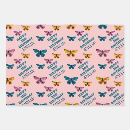 キュートピンクバタフライパターンガール誕生日 ラッピングペーパーシート (正面3)