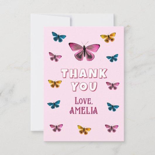キュートピンクバタフライパターン誕生日 サンキューカード (正面)