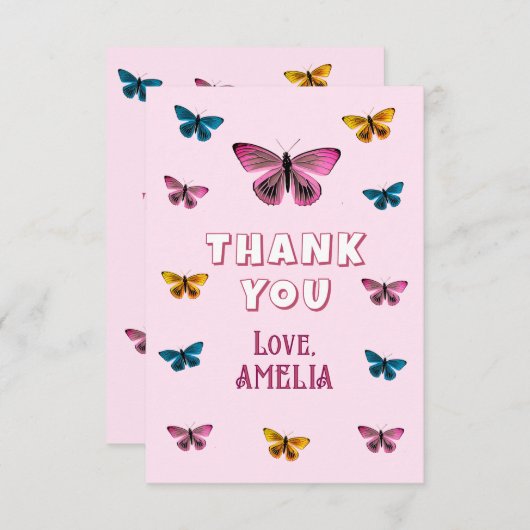 キュートピンクバタフライパターン誕生日 サンキューカード (正面/裏面)