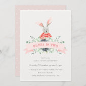 キュートピンクバニーリーフ任意の年齢誕生日招待状 サンキューカード (正面/裏面)