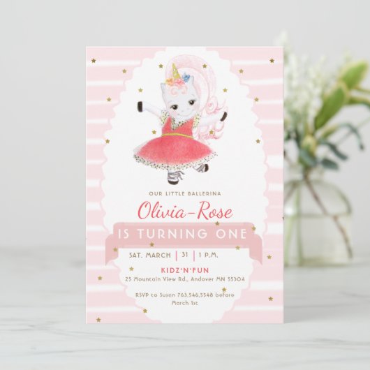 キュートピンクバレリナユニコーングリッターガール誕生日 招待状 (スタンド正面)