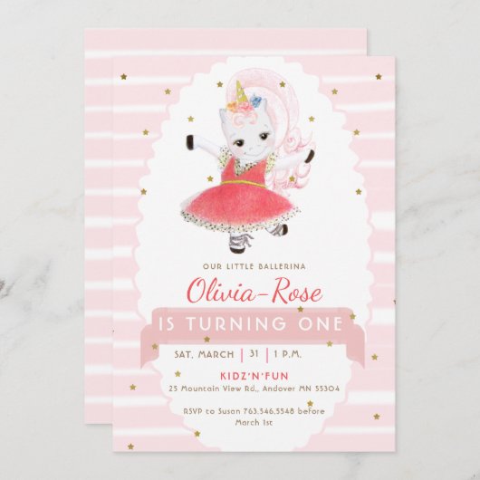 キュートピンクバレリナユニコーングリッターガール誕生日 招待状 (正面/裏面)
