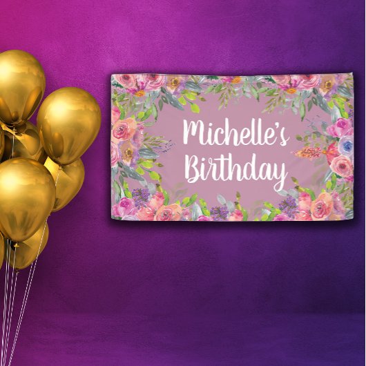 キュートピンクパープルウォーターフローラ誕生日 横断幕