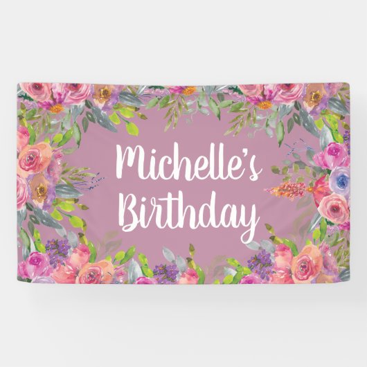 キュートピンクパープルウォーターフローラ誕生日 横断幕 (横)
