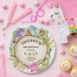 キュートピンクパープル恐竜ジュラシックガール誕生日 ペーパープレート