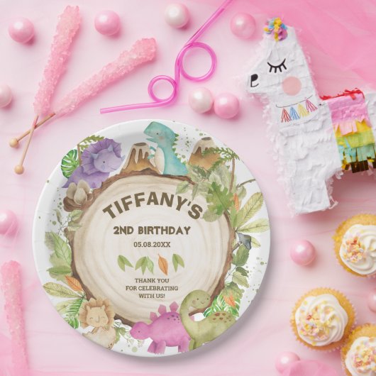 キュートピンクパープル恐竜ジュラシックガール誕生日 ペーパープレート (パーティー)