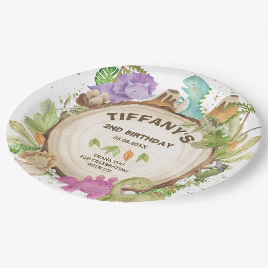 キュートピンクパープル恐竜ジュラシックガール誕生日 ペーパープレート (アングル)