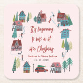 キュートピンクビレッジクリスマスパーティー スクエアペーパーコースター (正面)