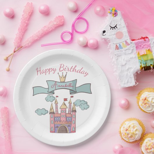キュートピンクフェアリーテイルプリンセス城名前をカスタムする ペーパープレート (パーティー)